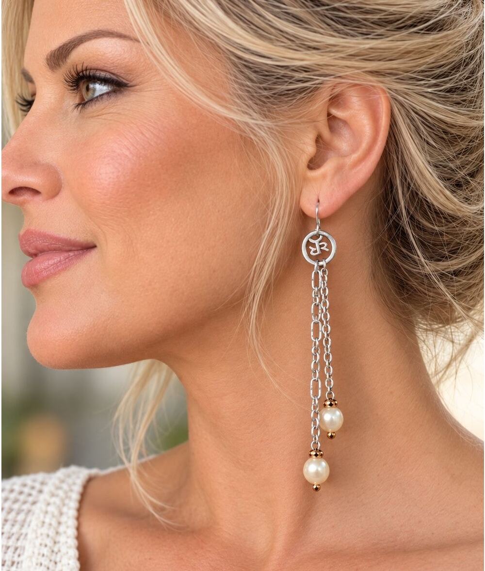 NIB REBECCA Steel Bronze Pearl Chain Dangle Earrings